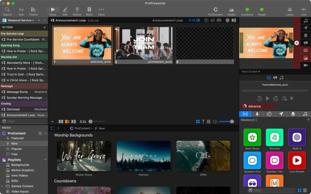 ProPresenter main show window with playlists, slides and media library